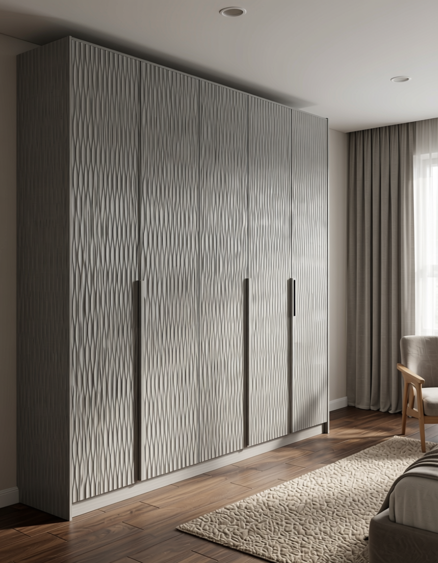Gray wall panel with textured, wavy, vertical pattern and subtle sheen.