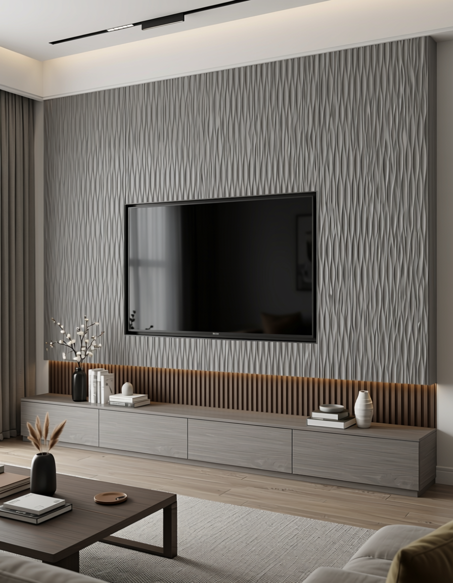 Gray wall panel with textured, wavy, vertical pattern and subtle sheen.
