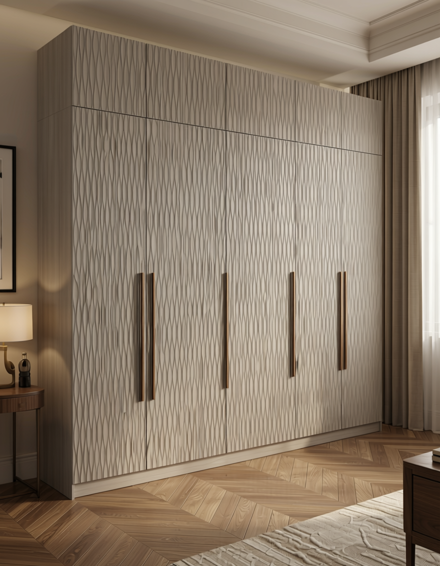 Beige wall panel with textured, wavy vertical pattern and subtle sheen.