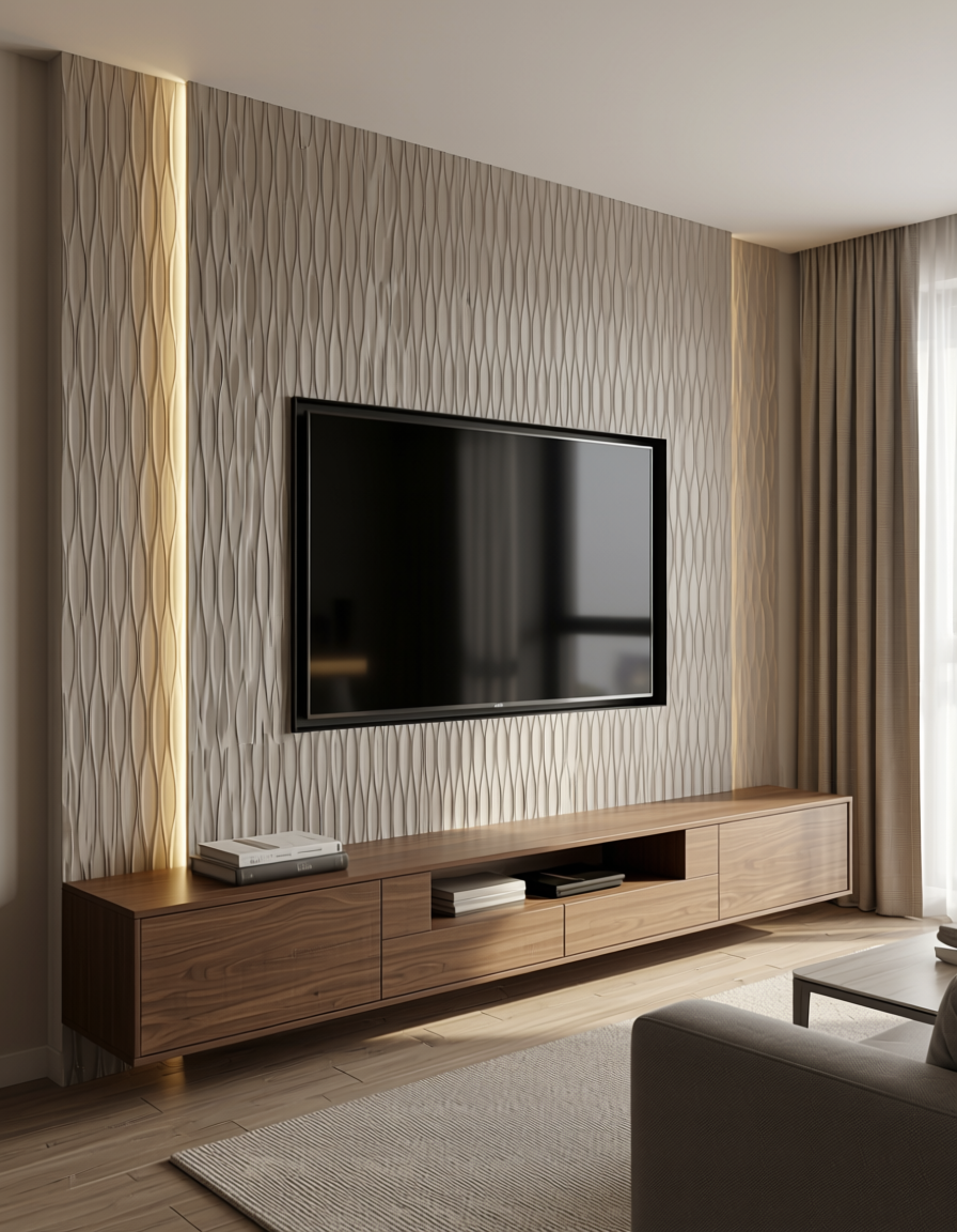 Beige wall panel with textured, wavy vertical pattern and subtle sheen.