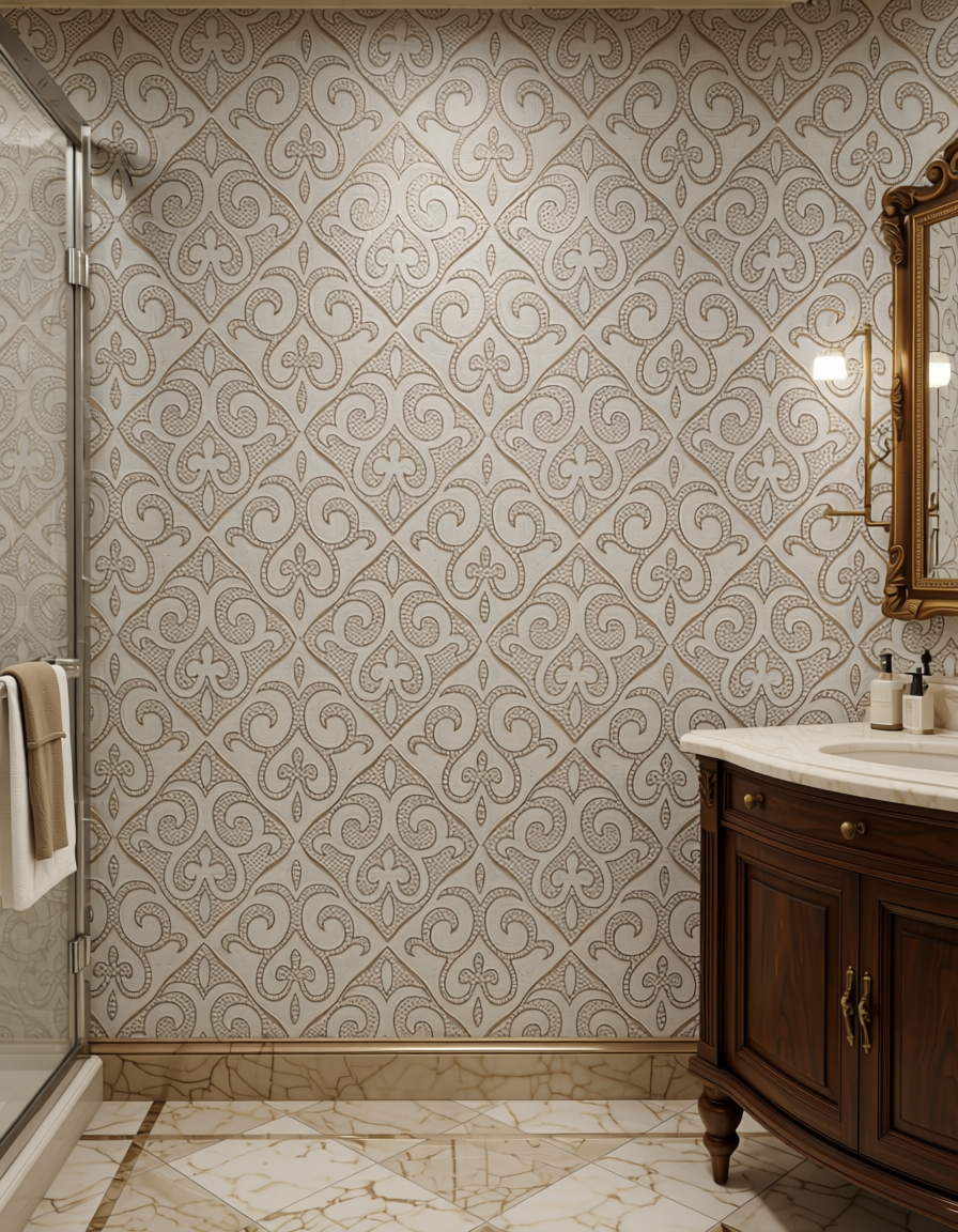 White wall panel with intricate, repeating diamond pattern and textured design.