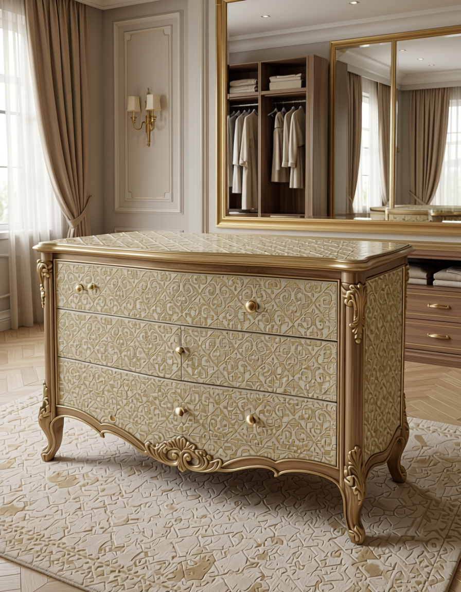 Gold ornate geometric pattern on beige wall panel with textured finish.