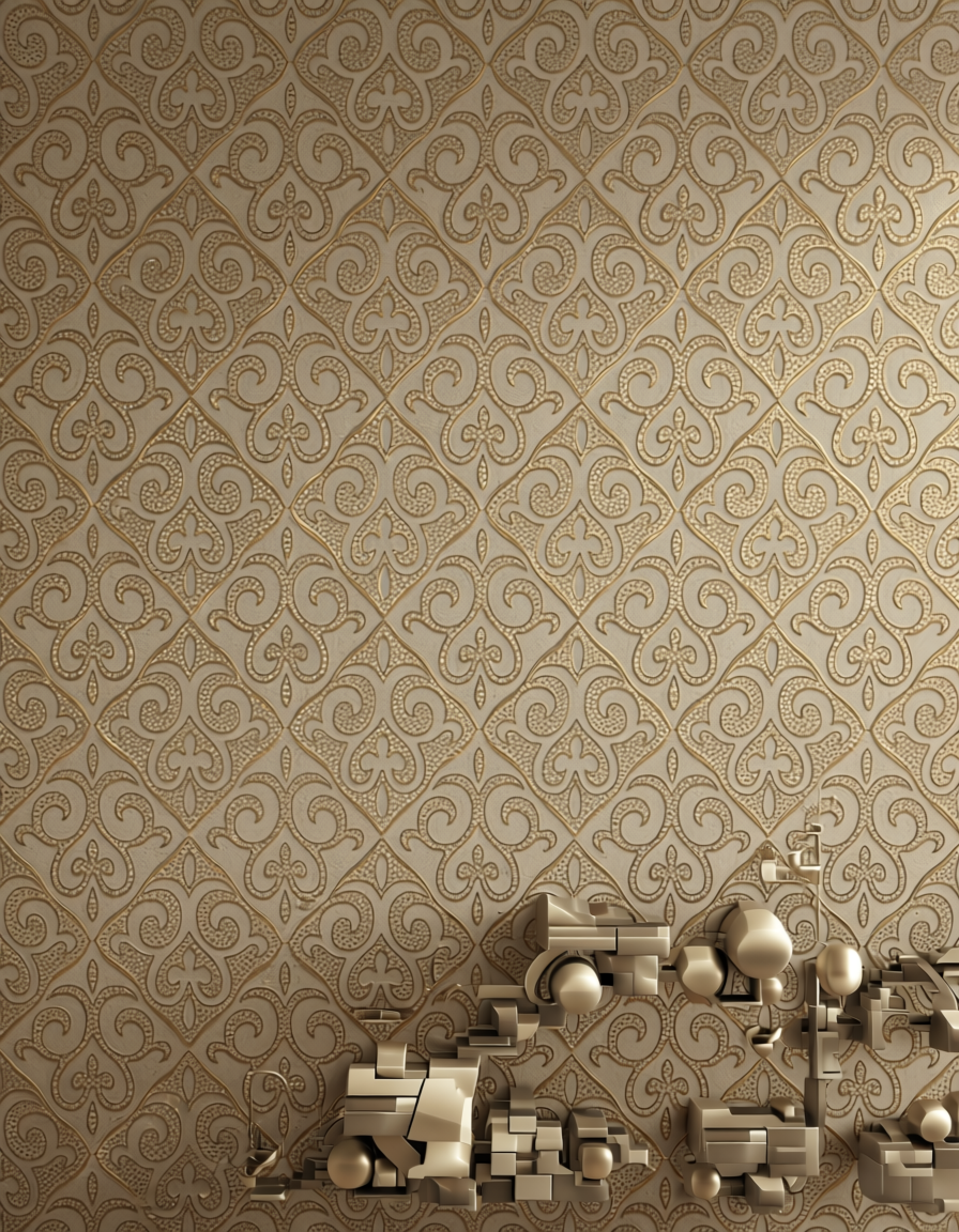 Gold ornate geometric pattern on beige wall panel with textured finish.