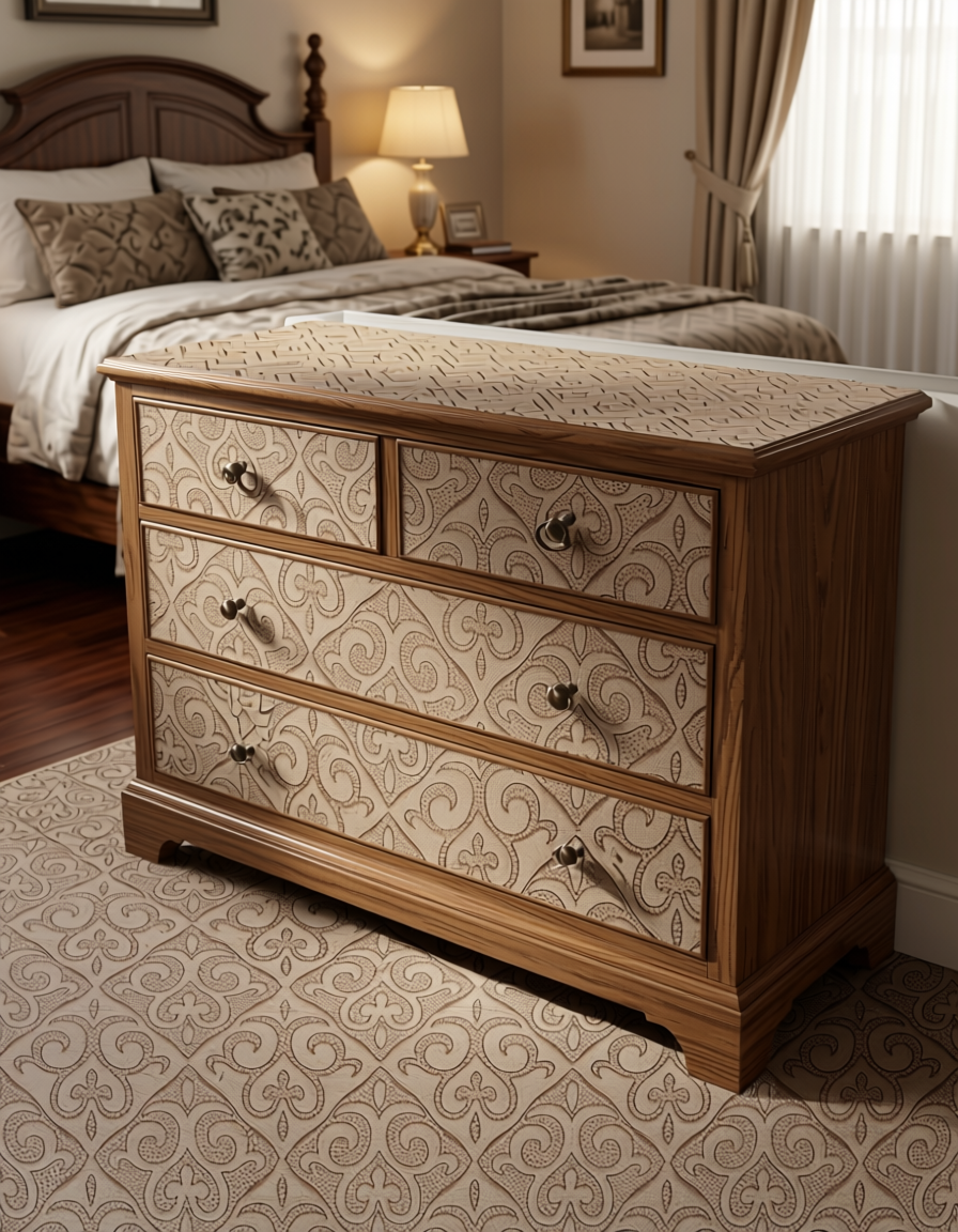 Beige wall panel with intricate, repeating geometric pattern and textured design.