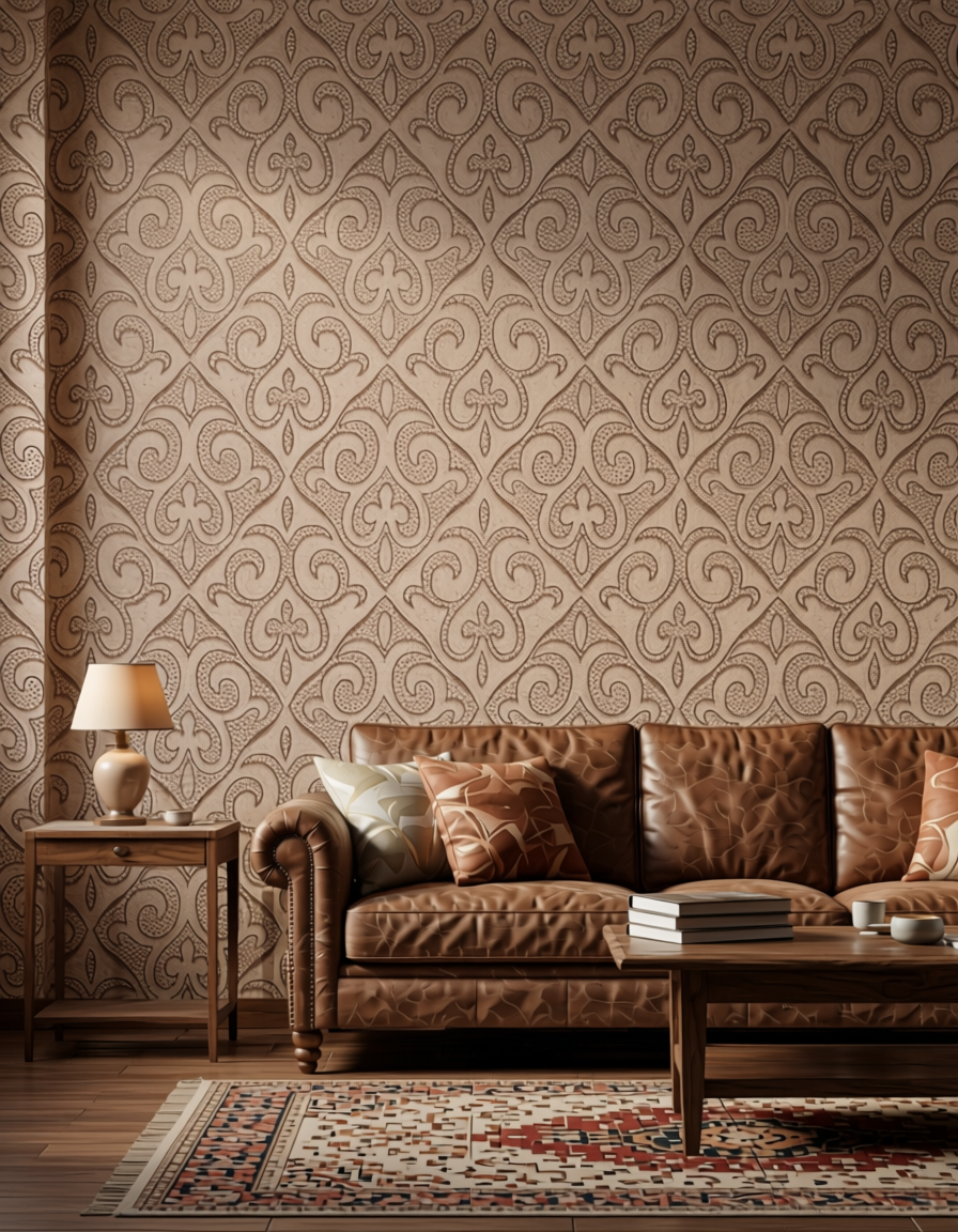 Beige wall panel with intricate, repeating geometric pattern and textured design.