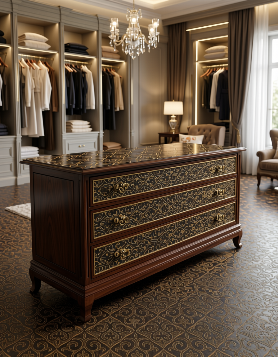 Dark brown wall panel with gold ornate diamond pattern and textured finish.