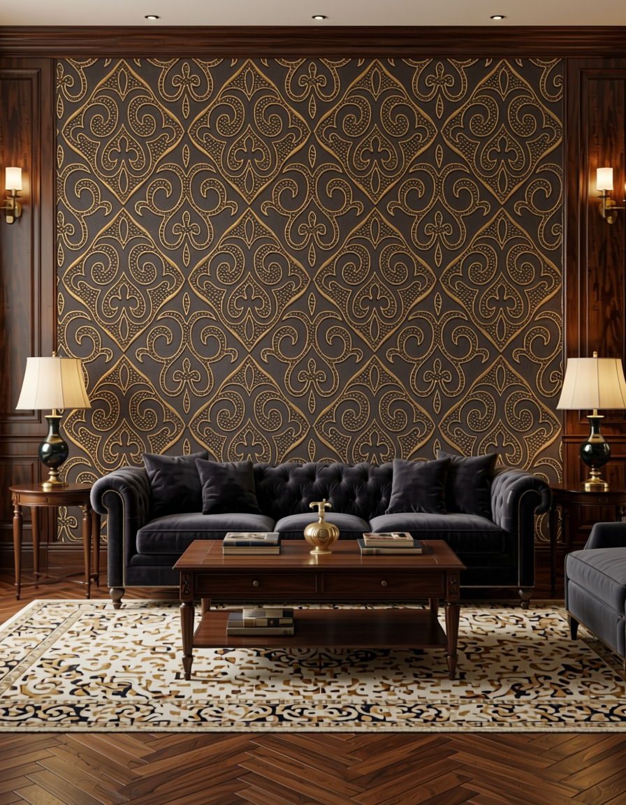 Dark brown wall panel with gold ornate diamond pattern and textured finish.