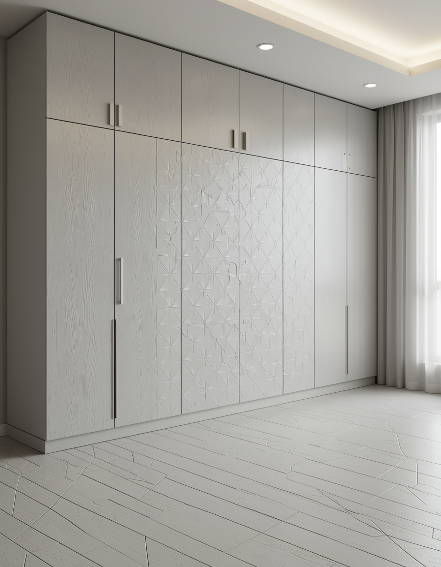 White wall panel with textured, embossed geometric diamond pattern and subtle grid texture.