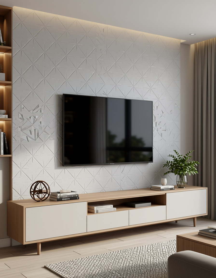White wall panel with textured, embossed geometric diamond pattern and subtle grid texture.