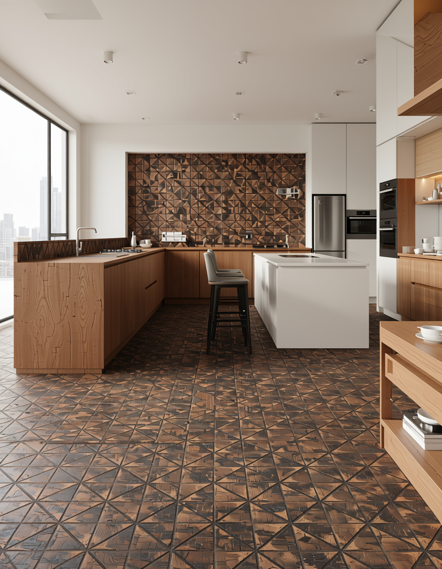 Brown textured wall panel with geometric triangular pattern and distressed finish.