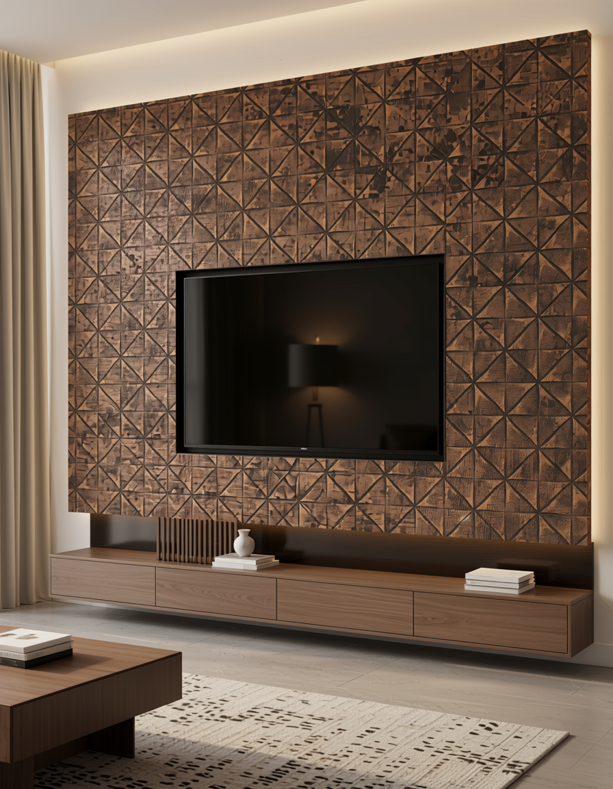 Brown textured wall panel with geometric triangular pattern and distressed finish.