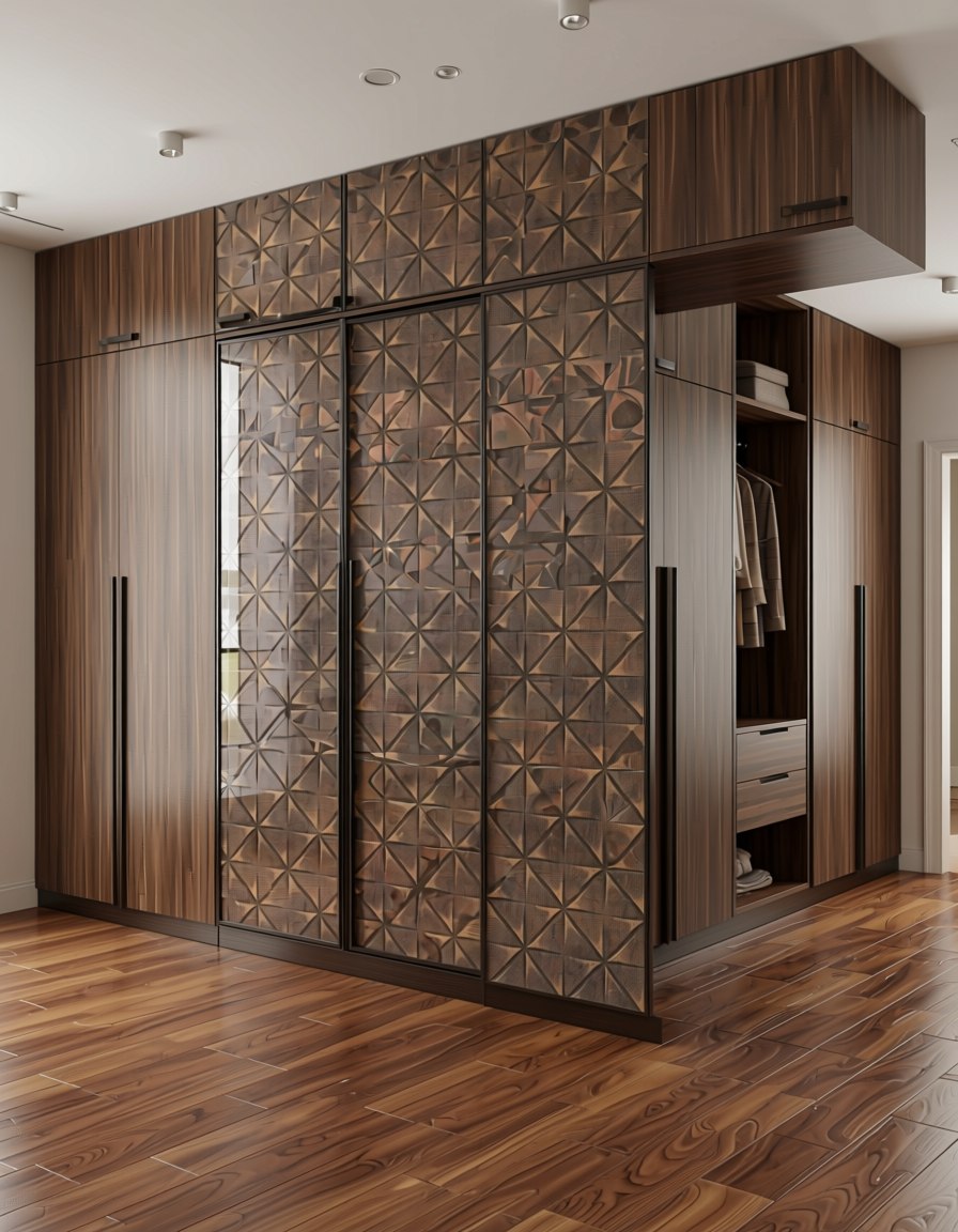 Brown textured wall panel with geometric triangular pattern and subtle sheen.