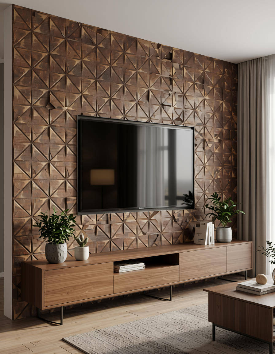 Brown textured wall panel with geometric triangular pattern and subtle sheen.