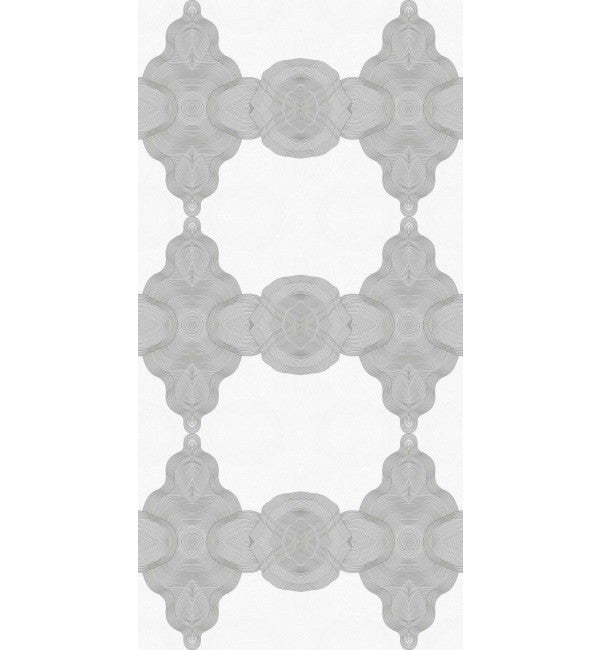 Grey decorative laminate with high gloss finish and ornate pattern featuring floral motifs and textured details