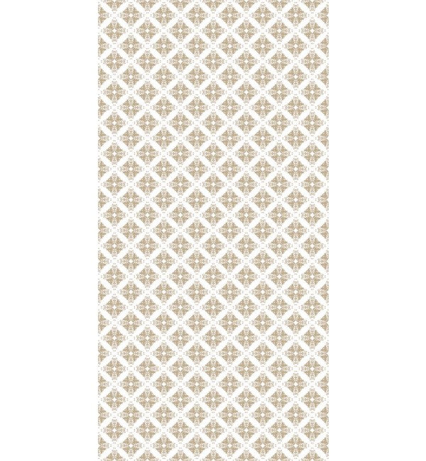 Beige designer laminate with suede finish, featuring a geometric pattern of diamond shapes and floral motifs in white.