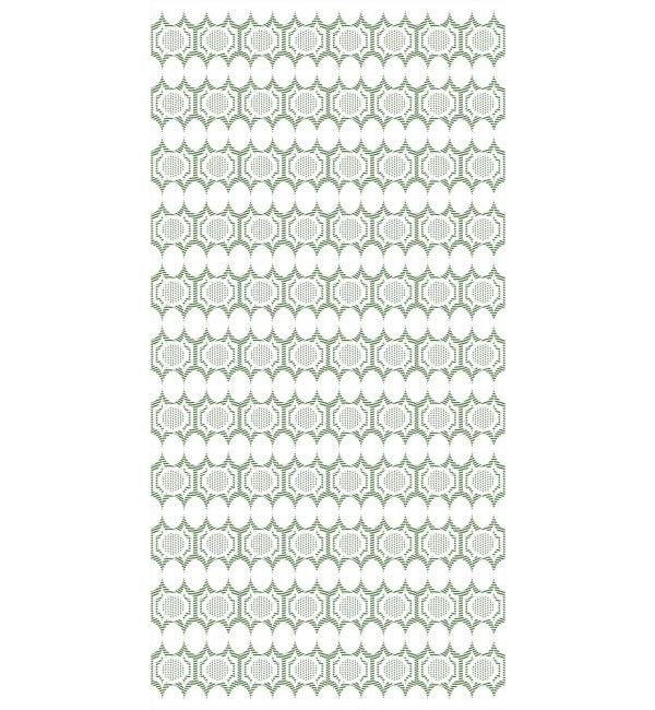 White decorative laminate with green geometric pattern and suede finish, showing repeating design of interlocking shapes and