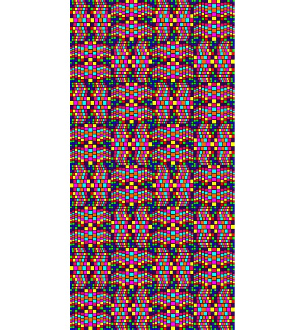 Multi-coloured psychedelic laminate with suede finish and mosaic pattern, featuring small squares in various bright colours
