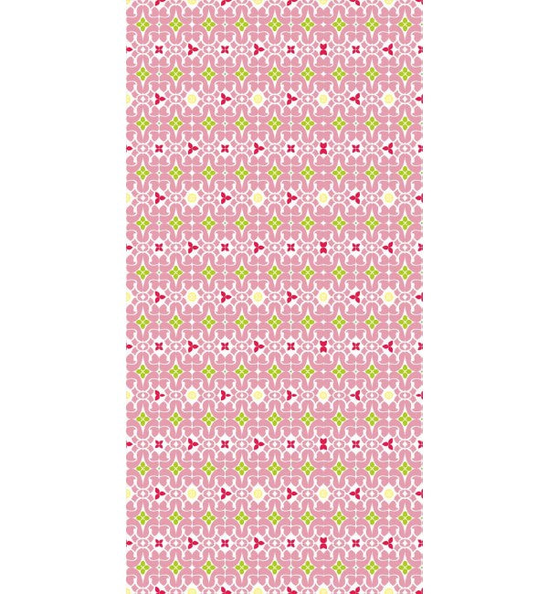 Pink ornamental designer laminate with suede finish, featuring intricate geometric pattern and multicolored accents.