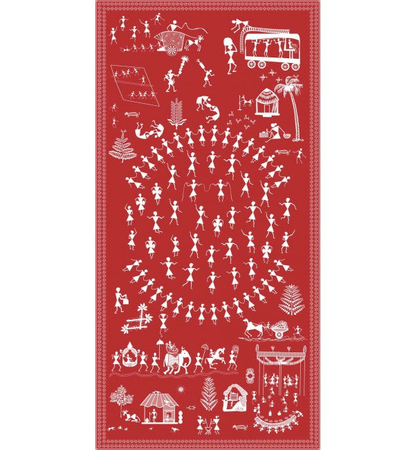 Red Warli design laminate with white tribal figures and suede finish texture, decorative designer pattern for interior use.