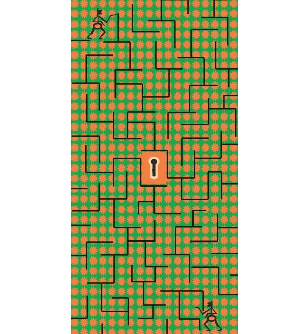 Multi-coloured high gloss decorative laminate with maze pattern, keyhole design and cartoon figures on green and orange