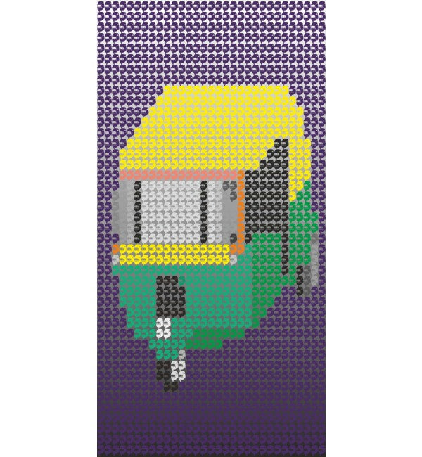 Purple decorative laminate with rickshaw pattern, high gloss finish, and pixelated texture.