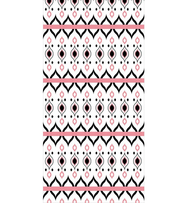 White decorative laminate with black and pink geometric pattern, suede finish, Tracery 2 design, repeating motifs and