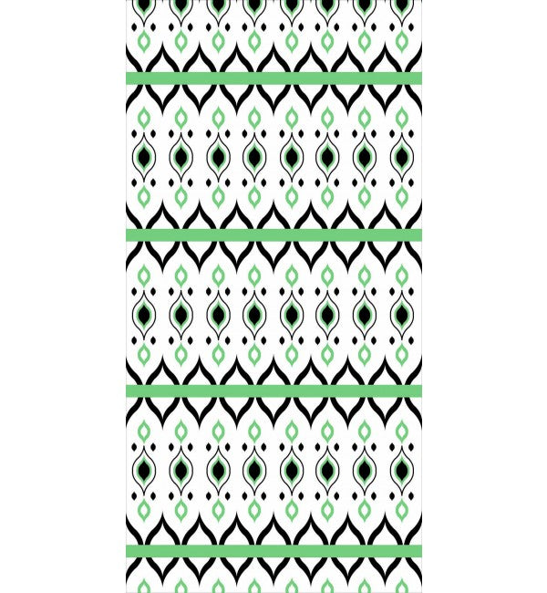 White decorative laminate with glossy finish and geometric pattern featuring black and green shapes in repeating design