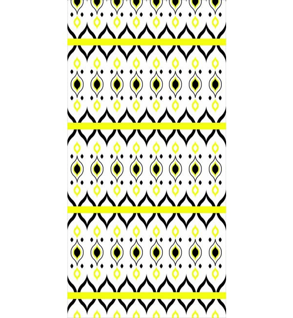Multi-coloured geometric patterned laminate with glossy finish, featuring black, yellow and white repeating design and