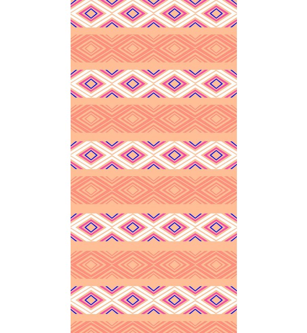 Multi-coloured geometric patterned laminate with peach background, glossy finish and repeating diamond design in pink, white