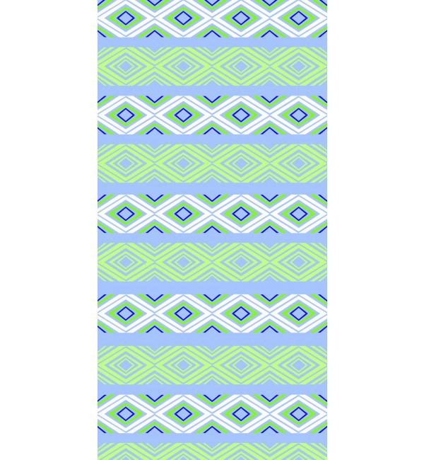 Multi-coloured geometric patterned decorative laminate with high gloss finish and repeating diamond design on light blue