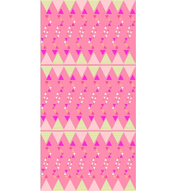 Multicolored geometric pattern on decorative laminate with suede finish, featuring pink, purple, and green triangles in