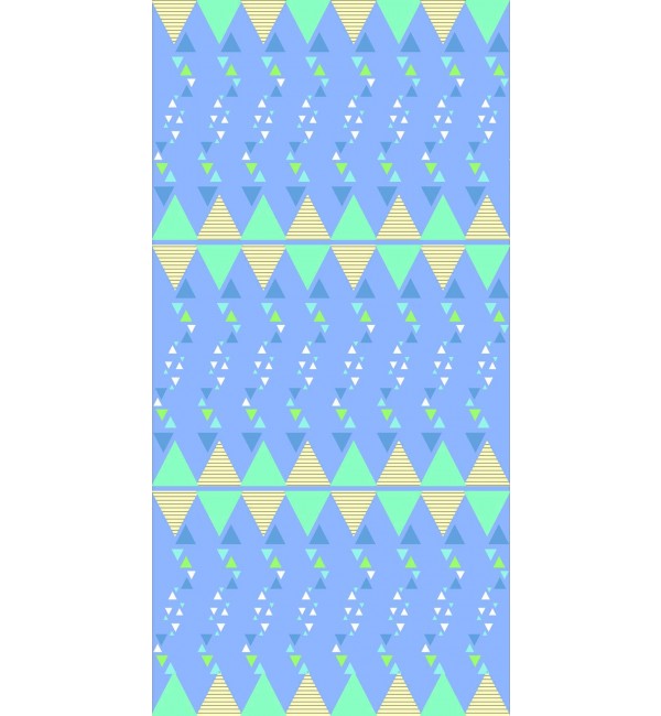 Multi-coloured geometric triangle pattern on decorative laminate with suede finish, featuring blue, green, and yellow hues.