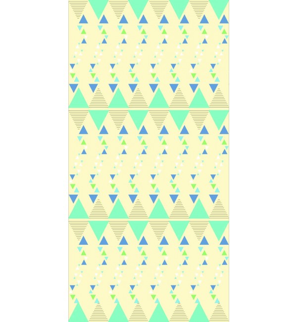 Multi-coloured geometric patterned designer laminate with high gloss finish, featuring triangles and dots on a pale yellow