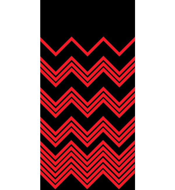Black high gloss decorative laminate with red chevron pattern and multiple zigzag lines creating a dynamic geometric design.