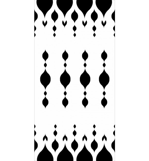 Black patterned decorative laminate with suede finish, featuring repeating teardrop motifs on white background