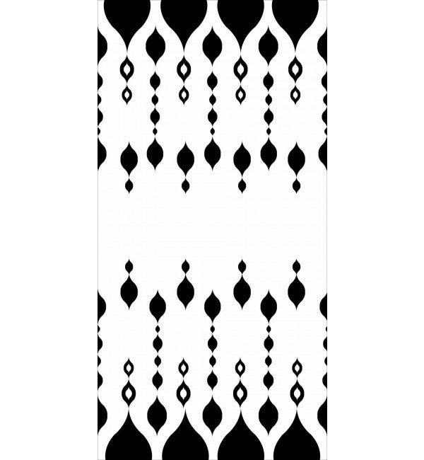 White designer laminate with suede finish, featuring black geometric pattern and teardrop shapes in repeating design.