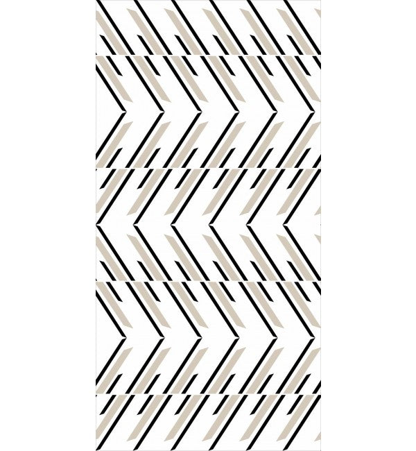 White decorative laminate with geometric chevron pattern and suede finish, featuring black and beige lines in a repeating