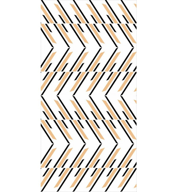 White high gloss decorative laminate with geometric pattern and black and beige accents in chevron design