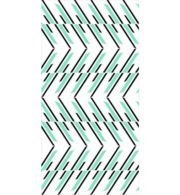 White decorative laminate with glossy black and mint green chevron pattern, showing geometric design and high sheen finish.