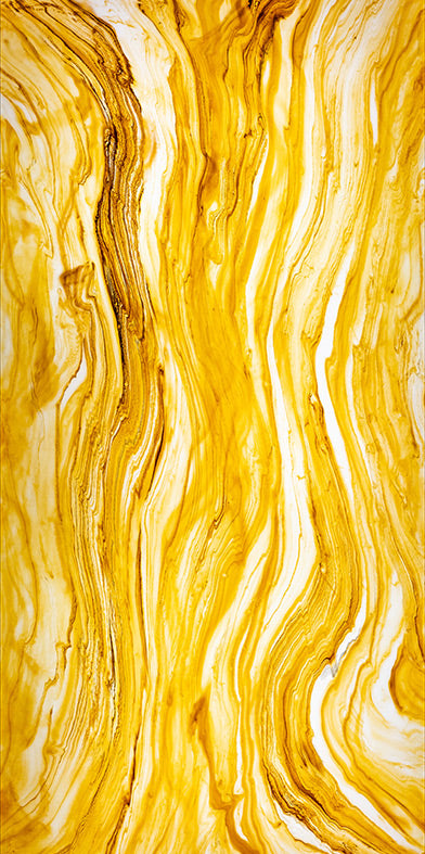 Yellow marble wall panel with wavy pattern and textured finish, showcasing natural stone appearance and intricate veining