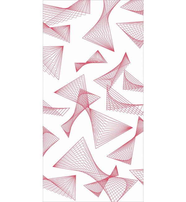 Red geometric pattern on white background, high gloss finish, decorative designer laminate with abstract triangular shapes