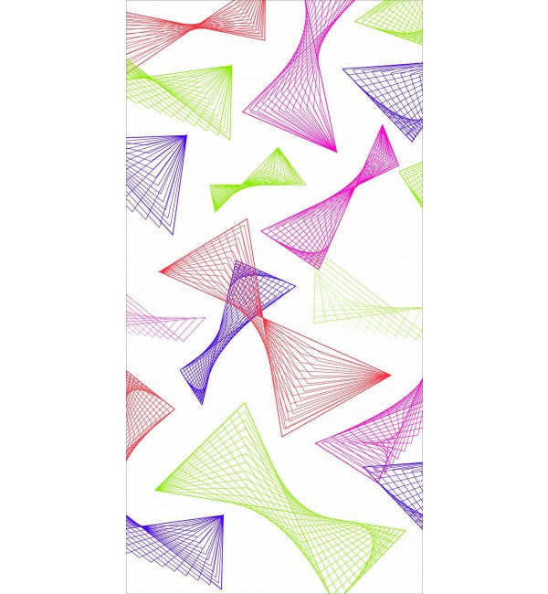 Multicolored abstract geometric pattern on decorative laminate with suede finish, featuring curved lines and shapes on white