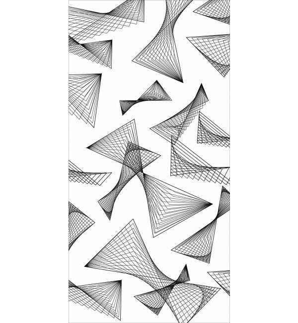White decorative laminate with abstract black geometric pattern and suede finish.