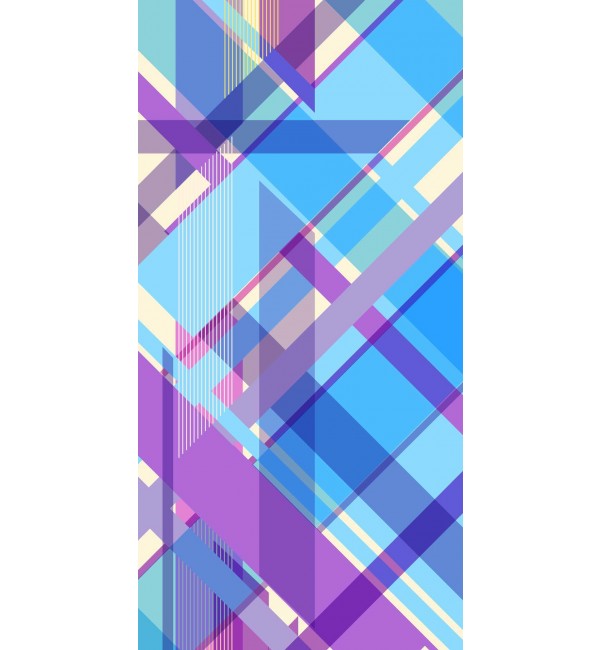 Multicolour geometric pattern on high gloss decorative laminate with intersecting lines and shapes in shades of blue and