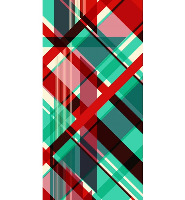 Multicolored argyle pattern on high gloss decorative laminate with geometric shapes and lines in red, green, and cream hues