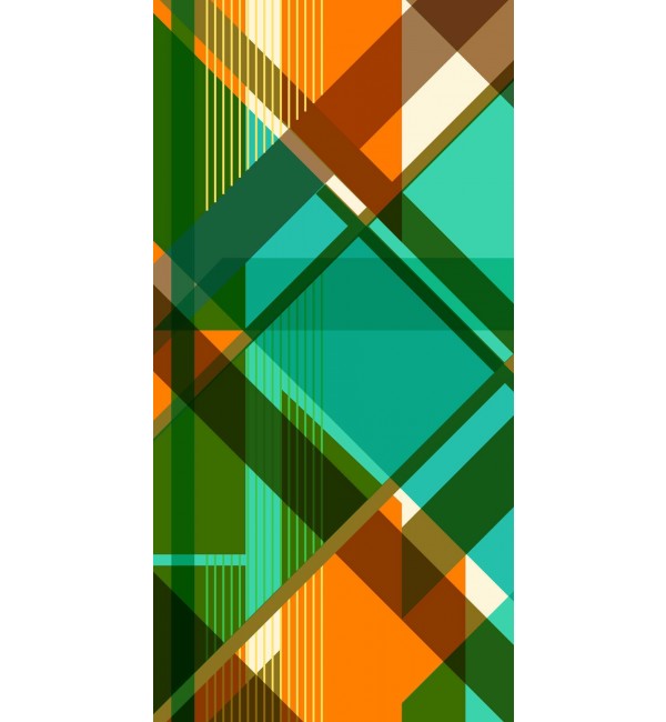 Multicolored geometric designer laminate with high gloss finish, featuring overlapping shapes and vibrant hues in green,