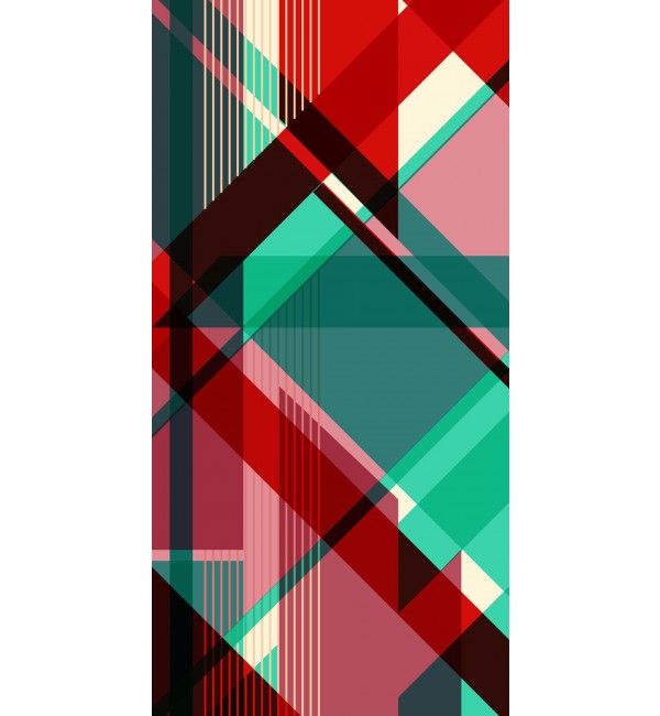 Multi-coloured geometric pattern on suede finish decorative laminate with red green and black abstract design and textured