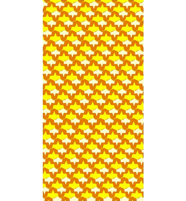 Yellow high gloss decorative laminate with repeating star pattern and orange outlines on a white background