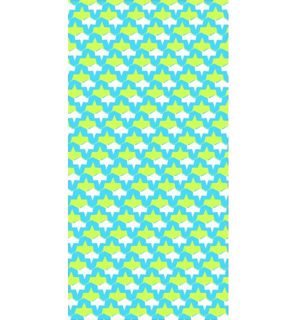 Multi-coloured star patterned decorative laminate with glossy finish and repeating geometric design in blue, green and white