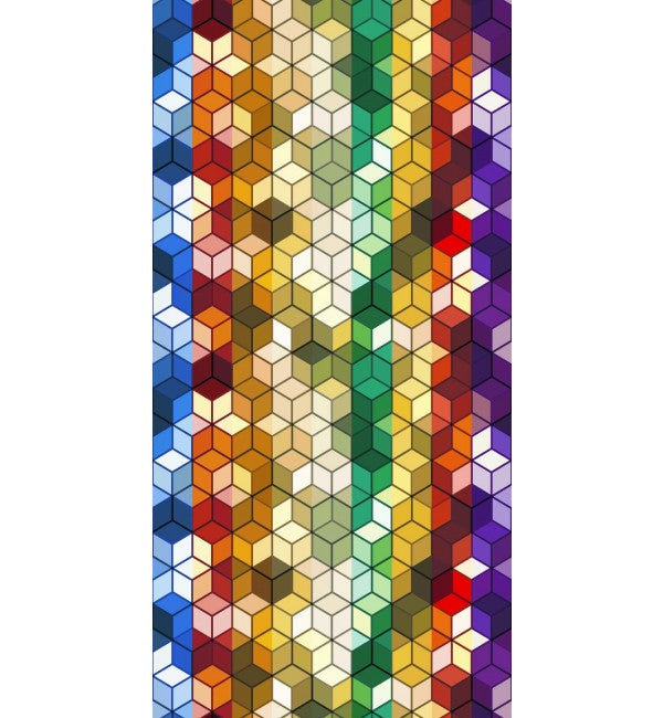 Multicolored 3D cube pattern decorative laminate with high gloss finish and rainbow color gradient effect on designer surface